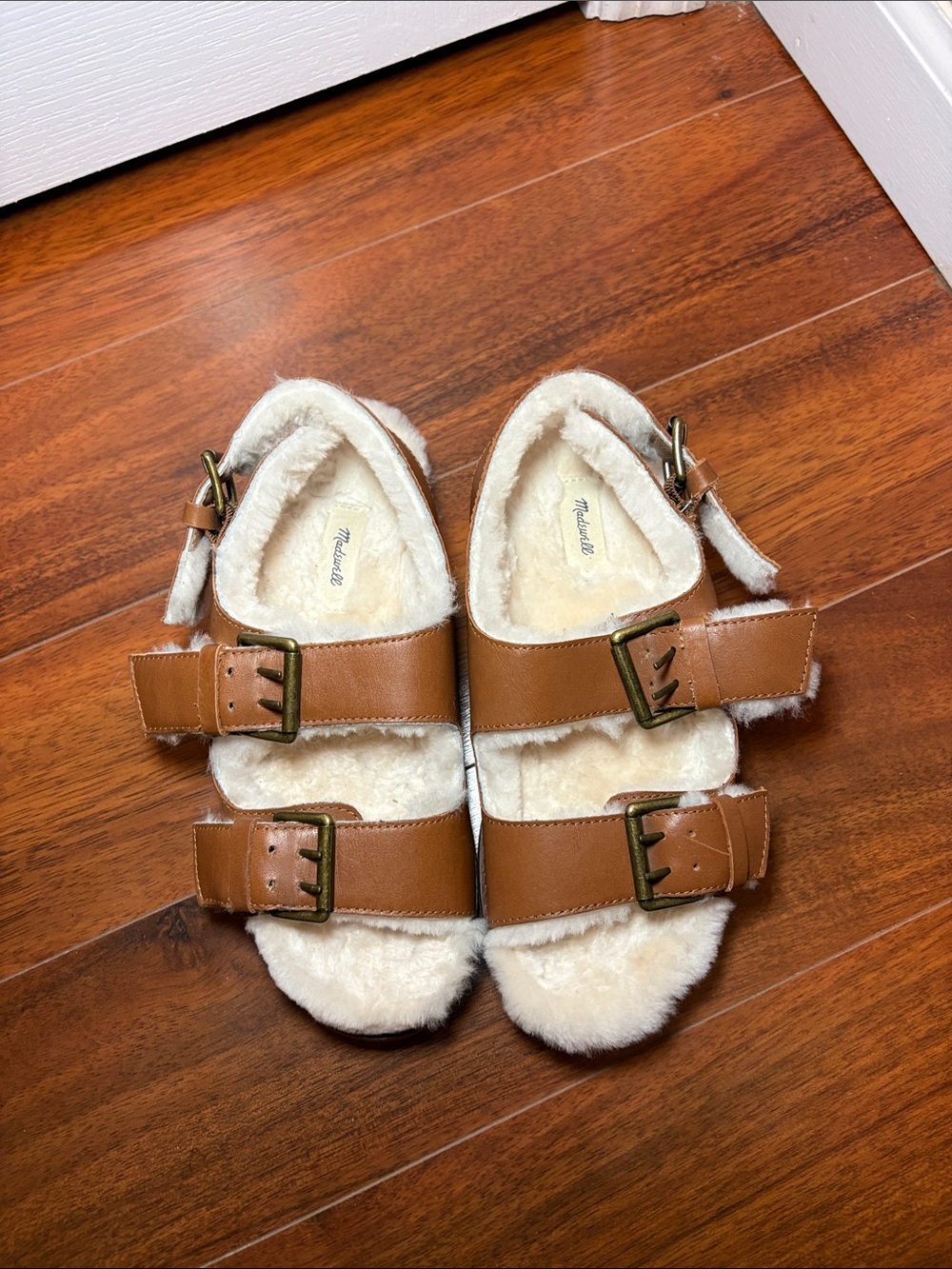 Madewell Brown Leather Shearling-Lined Buckle Sandals